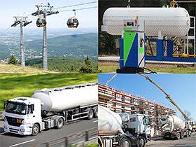 Ilustracja: Kolaż zdjęć - kolej linowa, zbiornik gazu LPG, samochód cysterna, betoniarki