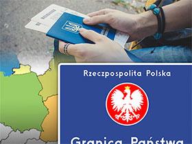 Kolaż: tablica granicy państwa, w tle mapa wschodniej granicy Polski oraz widok kobiecych dłoni trzymających paszport