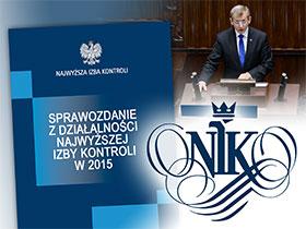 Kolaż: Okładka sprawozdania z działalności NIK, logo NIK, Prezes NIK Krzysztof Kwiatkowski na mównicy Sejmu