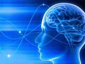 Ilustracja: Rysunek ludzkiej głowy z widocznym wewnątrz mózgiem w tle sinusoidalne linie na niebieskich smugach
