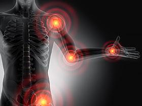 Przekrój ciała człowieka z czerwonymi punktami w miejscach stawów