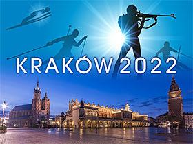 Napis KRAKÓW 2022 w tle panorama Krakowa i sylwetki sportowców zimowych dyscyplin