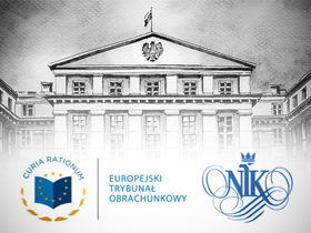 Logotypy ETO i NIK w tle rysunek siedziby NIK
