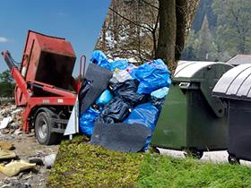 Kolaż: zdjęcia samochodu opróżniającego kontener na wysypisku śmieci, śmieci porzuconych w lesie i pojemników na śmieci