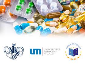 Logo NIK, logo Uniwersytetu Medycznego w Łodzi i logo ETO w tle różne rodzaje tabletek i kapsułek