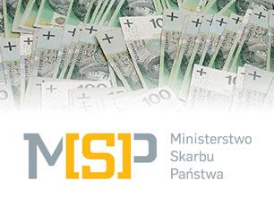 Logo Ministerstwa Skarbu Państwa, w tle banknoty stuzłotowe