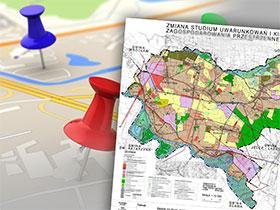Plan zagospodarowania przestrzennego, w tle mapka z wbitymi kolorowymi pinezkami