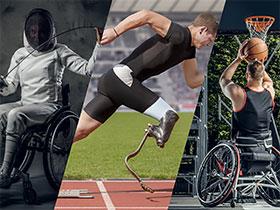 Niepełnosprawni sportowcy: kobieta szermierz na wózku, biegacz z protezą podudzia, koszykarz na wózku