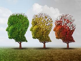 Ilustracja: Trzy drzewa w kształcie ludzkiej głowy z coraz mniejszą ilością liści w kolorze do zielonego do czerwonego