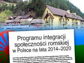 Dokument z tytułem Programu integracji społeczności romskiej w Polsce na lata 2014–2020 w tle flaga Romów i zdjęcia z budowy osiedla dla społeczności Romskiej w gminie Ochotnica Dolna
