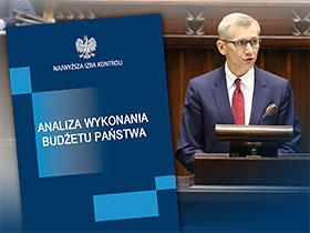 Okładka analizy wykonania budżetu państwa, w tle Prezes NIK Krzysztof Kwiatkowski na mównicy sejmowej