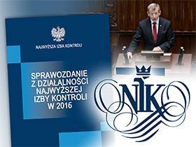Ilustracja: Okładka sprawozdania z działalności NIK za rok 2016, logo NIK i Prezes NIK Krzysztof Kwiatkowski na mównicy sejmowej