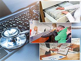 Kolaż zdjęć: Stetoskop na klawiaturze, osoba przeglądająca kartotekę, kolejka do recepcji, dwie osoby wskazują na wykres