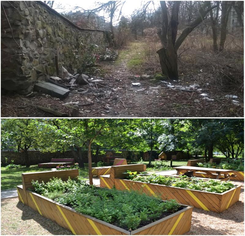 Kraków - zagospodarowanie nieużytku na ogród społeczny (przed i po)