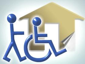 Ilustracja: symboliczne przedstawienie osoby prowadzącej osobę na wózku inwalidzkim, w tle budynek