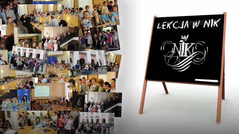 Tablica z logo NIK i napisem Lekcja w NIK, obok zdjęcia z lekcji edukacyjnych w NIK