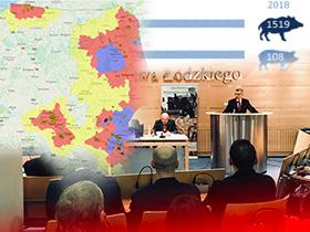 Prezes NIK Krzysztof Kwiatkowski na V Debacie Rolnej w Łodzi, obok mapa przypadków ASF