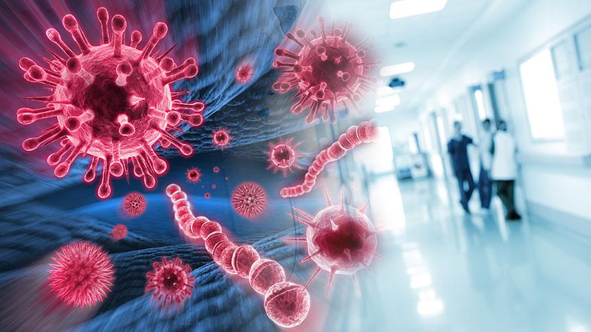 Ilustracja: komputerowa wizualizacja bakterii i wirusów obok korytarz szpitalny