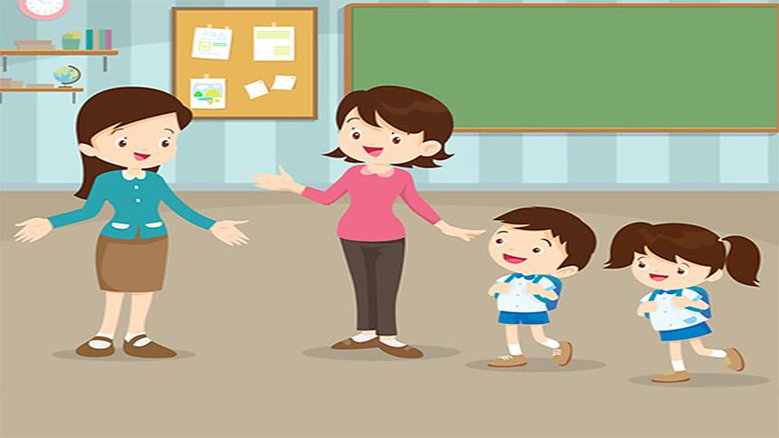 Ilustracja: Rysunek dwójki dorosłych kobiet i dwoje uczniów: chłopie i dziewczynka. W tle tablica szkolna.