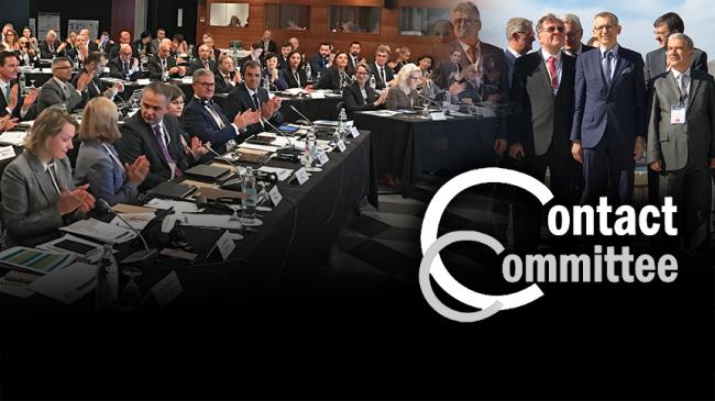 Logo Komitetu Kontaktowego w tle zdjęcia ze spotkania szefów NOK państw UE