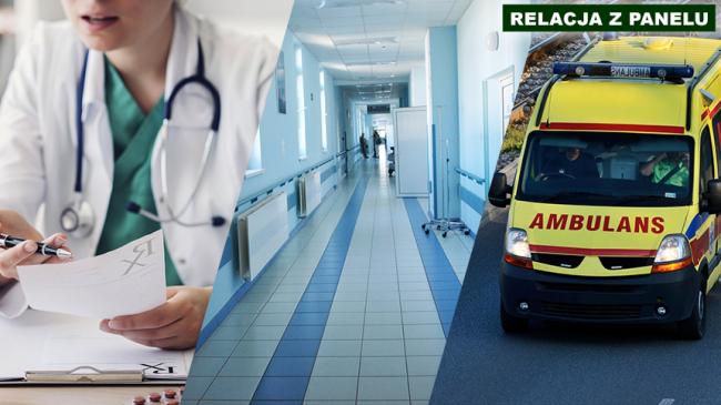 Kolaż zdjęć: Lekarz mówiący do pacjenta, korytarz szpitala, karetka pogotowia