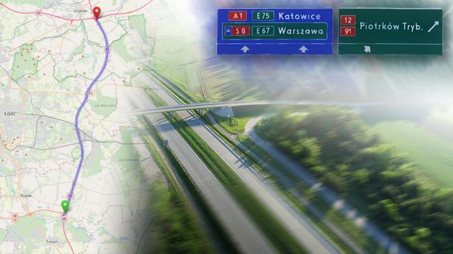 Mapa fragmentu autostrady A1, widok na autostradę i tablice z napisami Katowice, Warszawa, Piotrków Trybunalski