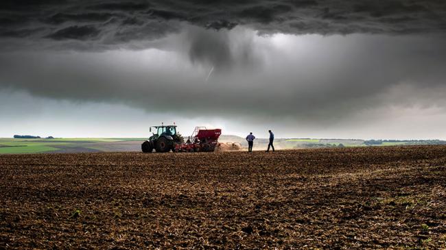 Rolnicy na polu, na niebie ciemne chmury