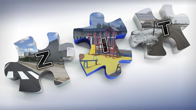 Ilustracja: Puzzle z literami ZIT, na puzzlach zdjęcia drogi, placu zabaw i zabudowań przemysłowych