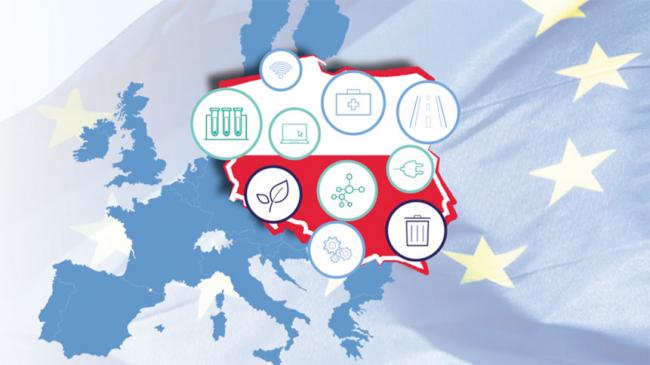 Ilustracja: Mapa europy z zaznaczonym obszarem Polski, w tle flaga UE