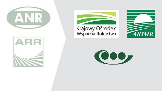 Logotypy agencji rolnych: ANR, ARR, KOWR, ARiMR, COBORU