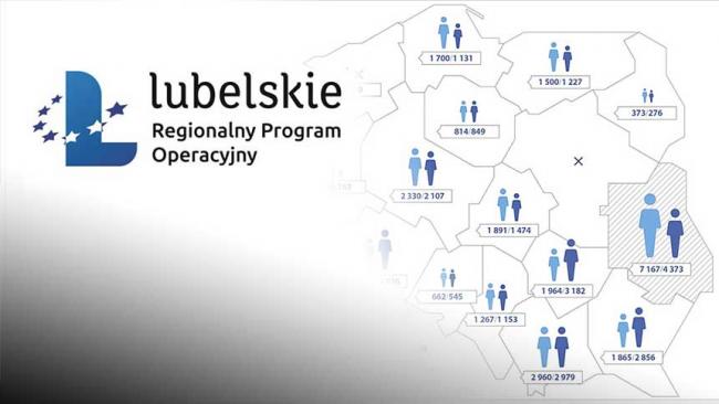 Logo Lubelskiego Regionalnego Programu Operacyjnego obok mapa poziomu wsparcia osób bezrobotnych w poszczególnych województwach