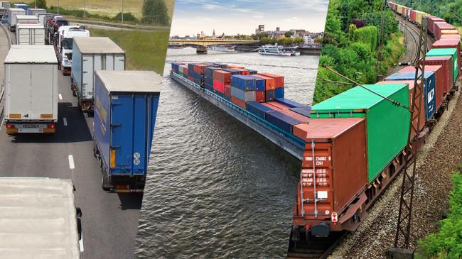 Kolaż zdjęć: transport ciężarówkami, barką rzeczną i koleją