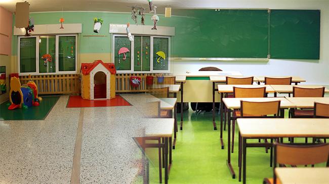 Kolaż zdjęć: sala przedszkolna i klasa szkolna