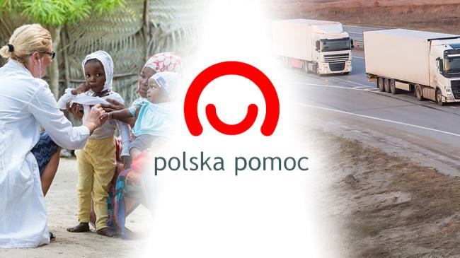 Kolaż zdjęć: Biała lekarka bada czarnoskóre dziecko, logo Polska Pomoc, konwój ciężarówek