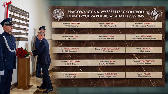 Kolaż zdjęć: Prezes NIK Marian Banaś składający kwiaty pod Ścianą Pamięci NIK obok zdjęcie Ściany Pamięci NIK