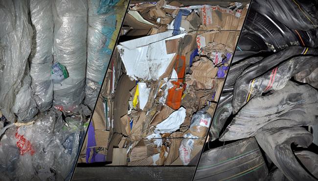Zdjęcia odpadów (ładunków przewożonych przez granicę) plastiku, tektury i gumy