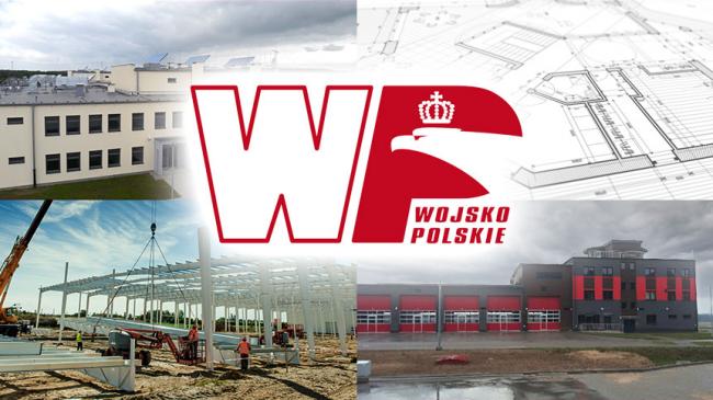 Kolaż zdjęć: Logo Wojska Polskiego, budynki inwestycji wojskowych, plany budynku, budowa hali