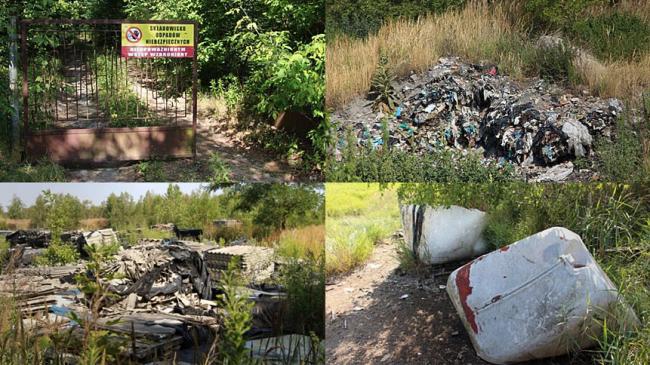 Zdjęcia z kontroli NIK: uszkodzona brama, zaniedbane składowiska odpadów, uszkodzone pojemniki z odpadami