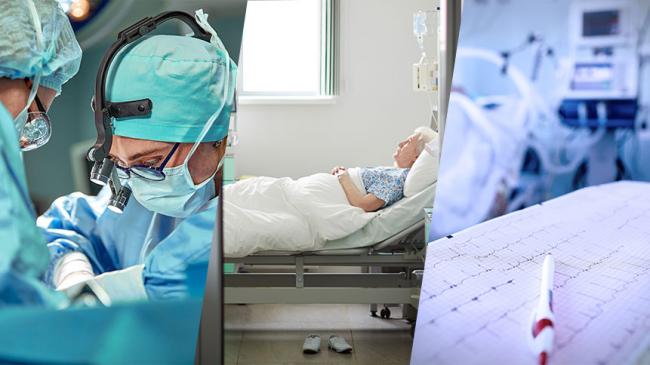 Kolaż zdjęć: Lekarze w trakcie operacji, chory w szpitalnym łóżku, badanie EKG