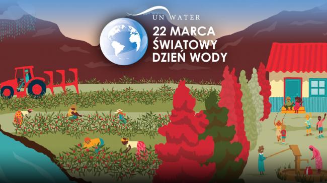 Logo Światowego Dnia Wody (22 marca) organizowanego przez UN-Water, w tel rysunek pół uprawnych i dzieci bawiących na placu zabaw