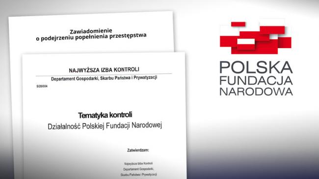 Dokumenty z kontroli NIK, obok logo Polskiej Fundacji Narodowej