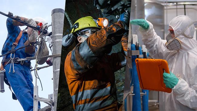 Kolaż zdjęć: Monter pracujący na wysokości, górnik, pracownik w stroju ochronnym i masce gazowej