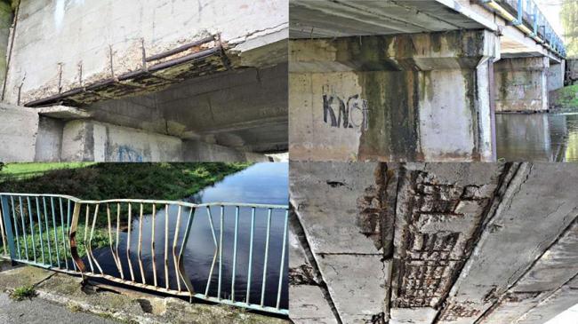 Zdjęć z kontroli: odsłonięte elementy wzmocnienia konstrukcji żelbetonowych, uszkodzona barierka, zacieki wody na podporach mostu