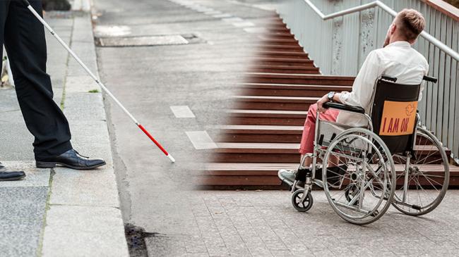 Kolaż zdjęć: Niewidomy z laską wchodżacy na przejście, obok mężczyzna na wózku przed schodami bez podjazdu