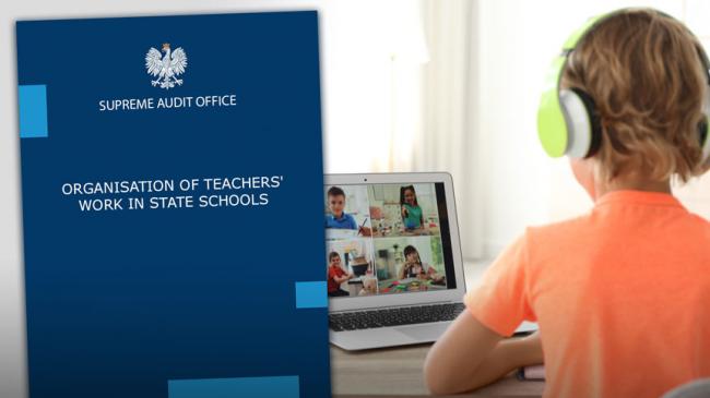 Cover of NIK's audit report on the organisation of teachers’ work in state schools and a teenage boy sitting in front of his laptop during an online class