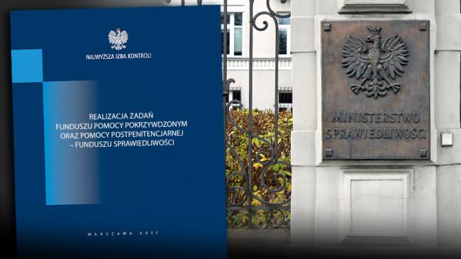 Okładka raportu NIK obok tablica z orłem i napisem Ministerstwo Sprawiedliwości