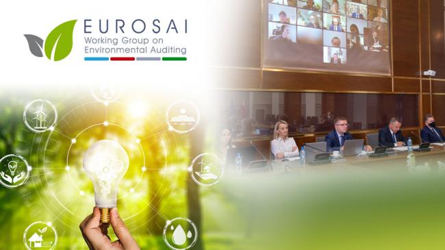 Logo grupy roboczej ds. kontroli środowiskowych EUROSAI i zdjęcie ze spotkania grupy