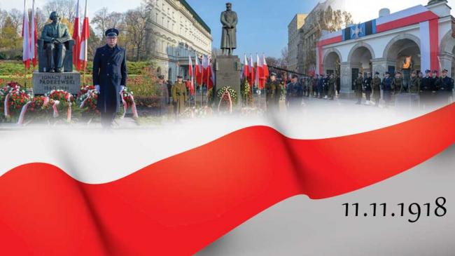 Kolaż zdjęć: Flaga Polski i data 11.11.1918, powyżej zdjęcie pomnika Ignacego Paderewskiego, marszałka Józefa Piłsudskiego i Grobu Nieznanego Żołnierza