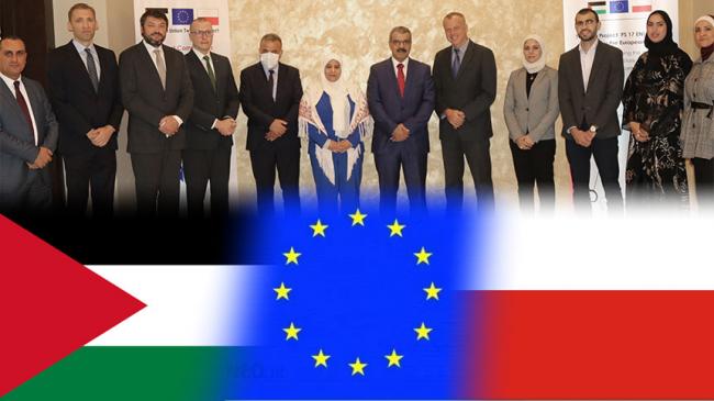 Photo collage: representatives of the Supreme Audit Institutions of Poland and Palestine and flags of Poland, Palestine and the European Union