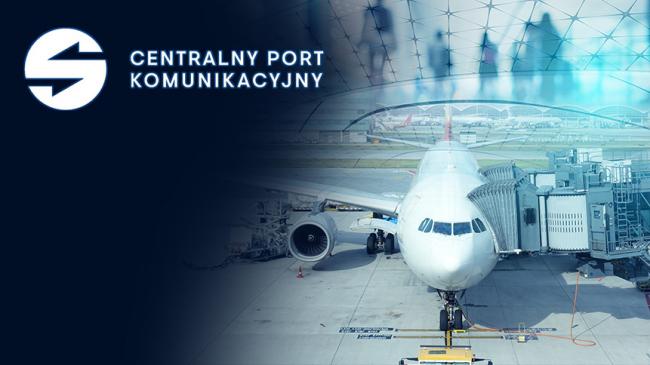Ilustracja: Logo Centralnego Portu Komunikacyjnego, obok samolot i pasażerowie w terminalu lotniczym